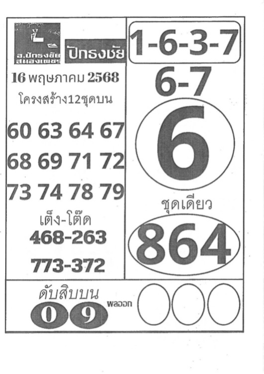 หวยปักธงชัย 16/5/68